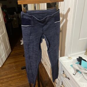 Blue Athletic Leggings with Wide Waistband and Piping